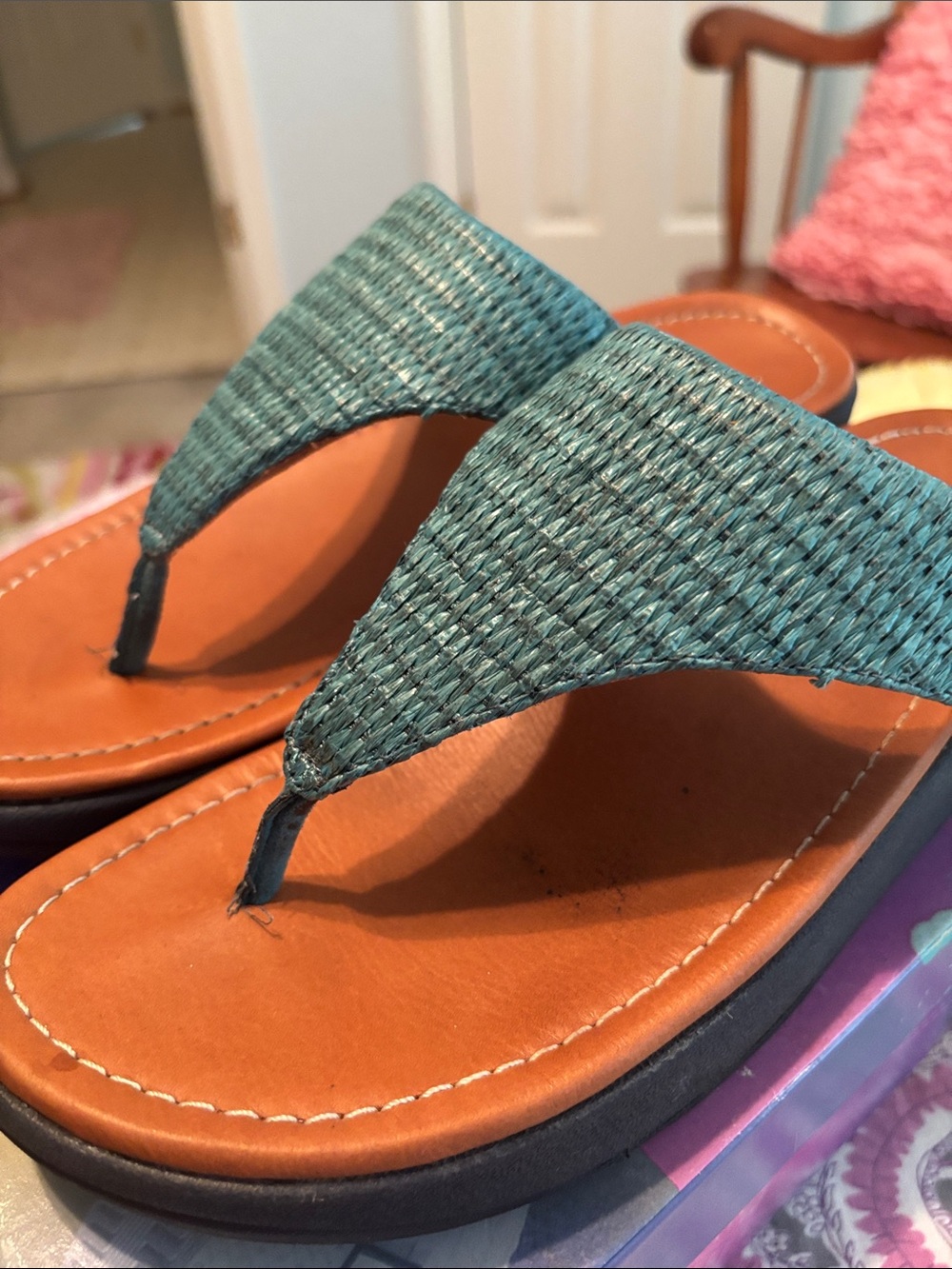 Fitflop Teal Woven Thong Sandals with Brown Footbed - Picture 6 of 7